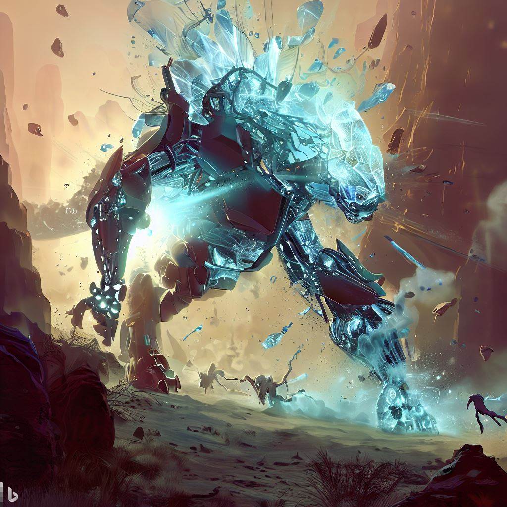 futuristic dinosaur mech with shattered glass body and glowing eyes being hunted while fighting in canyon, animals in foreground, detailed fog, lens flare, realistic h.r. giger style 3.jpg